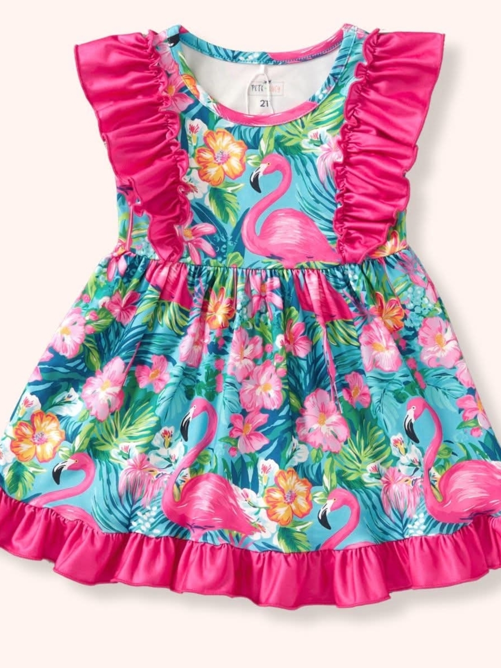 Bright Pink & Teal Flamingo Floral Ruffle Dress for Girls